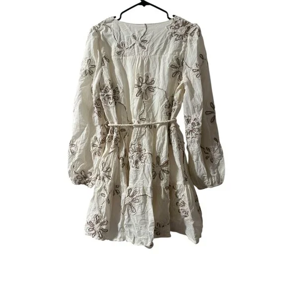 Camellia Embroidered 3D Floral Cottage Mini Dress Women Medium Cream Puff Sleeve - Picture 4 of 16